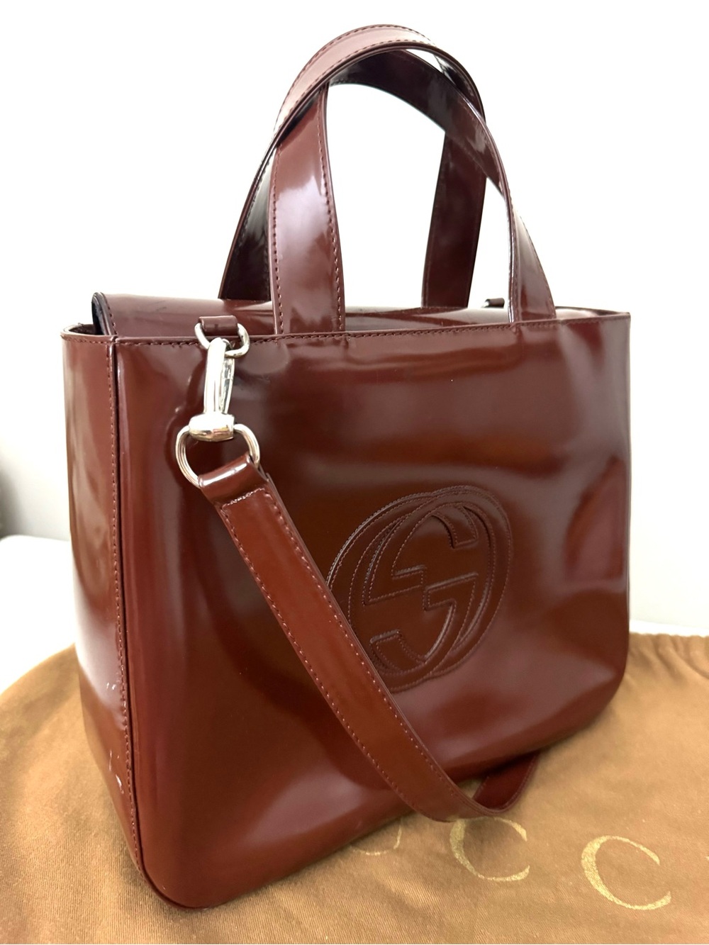 Authentic Gucci Glossy Brown Patent Leather Satchel with Double G Emboss - Picture 4 of 16
